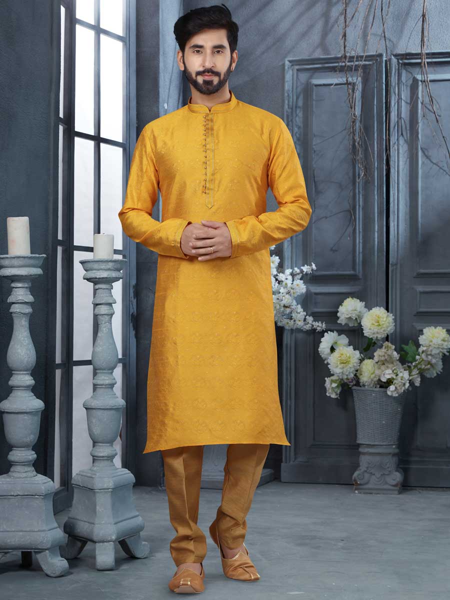 Golden Yellow Jacquard Embroidered Festival Kurta Set
