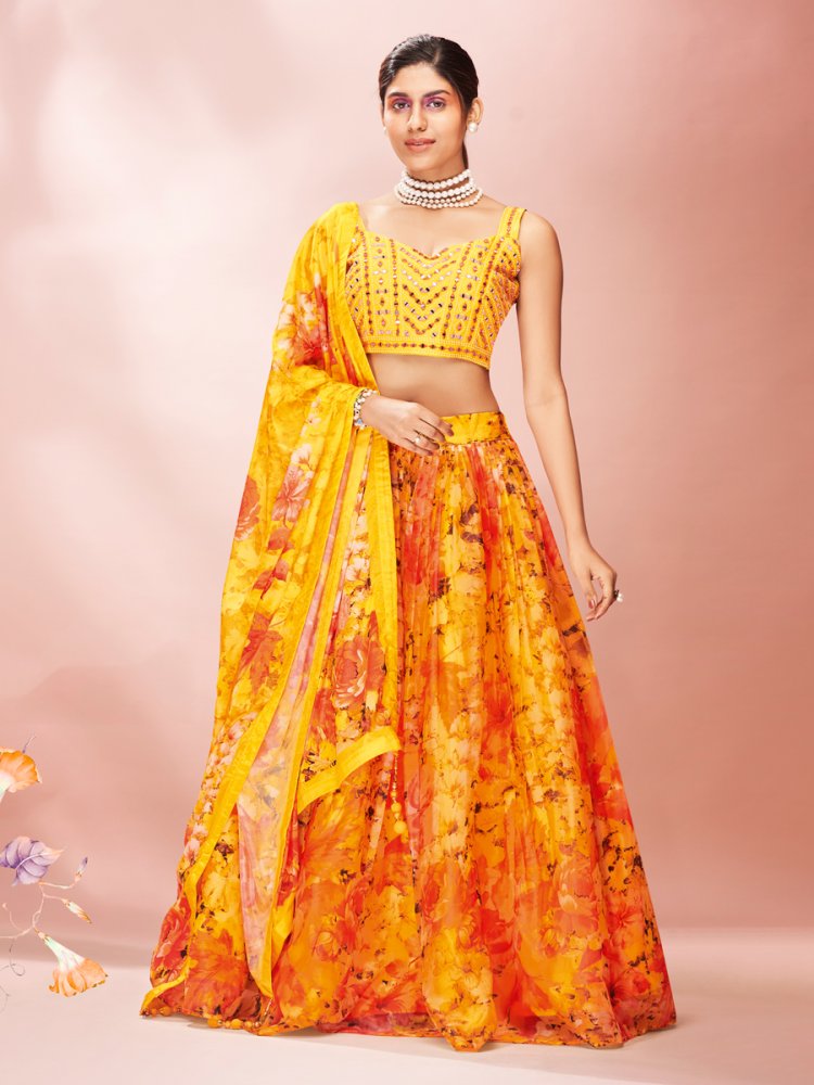 Golden Yellow Organza Printed Party Lehenga Choli