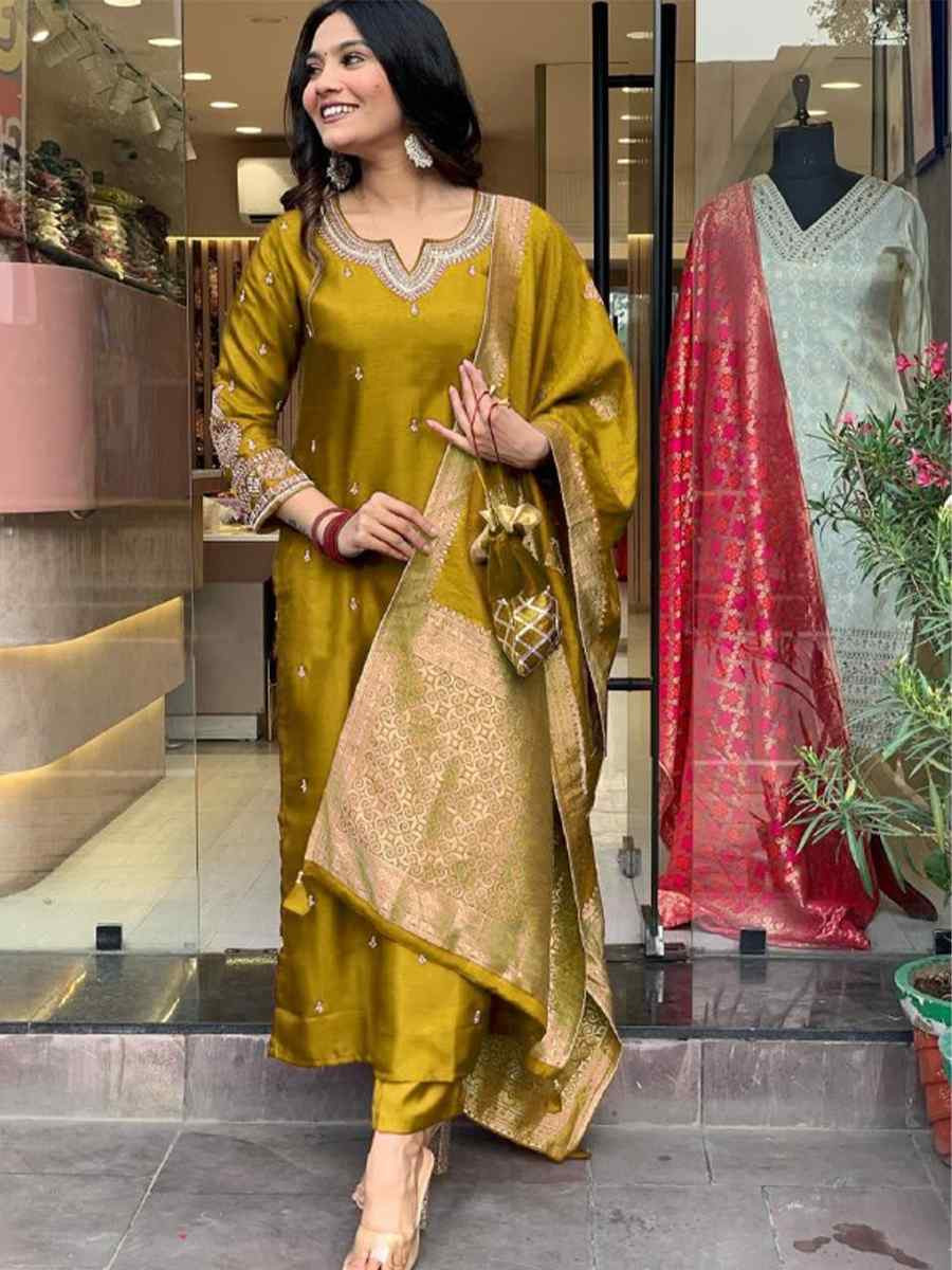 Golden Yellow Roman Silk Embroidered Festival Casual Ready Pant Salwar Kameez