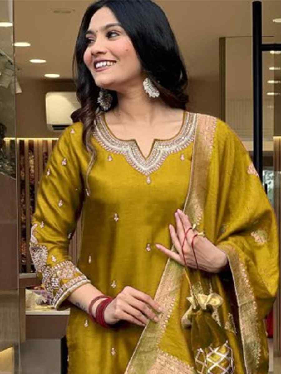 Golden Yellow Roman Silk Embroidered Festival Casual Ready Pant Salwar Kameez