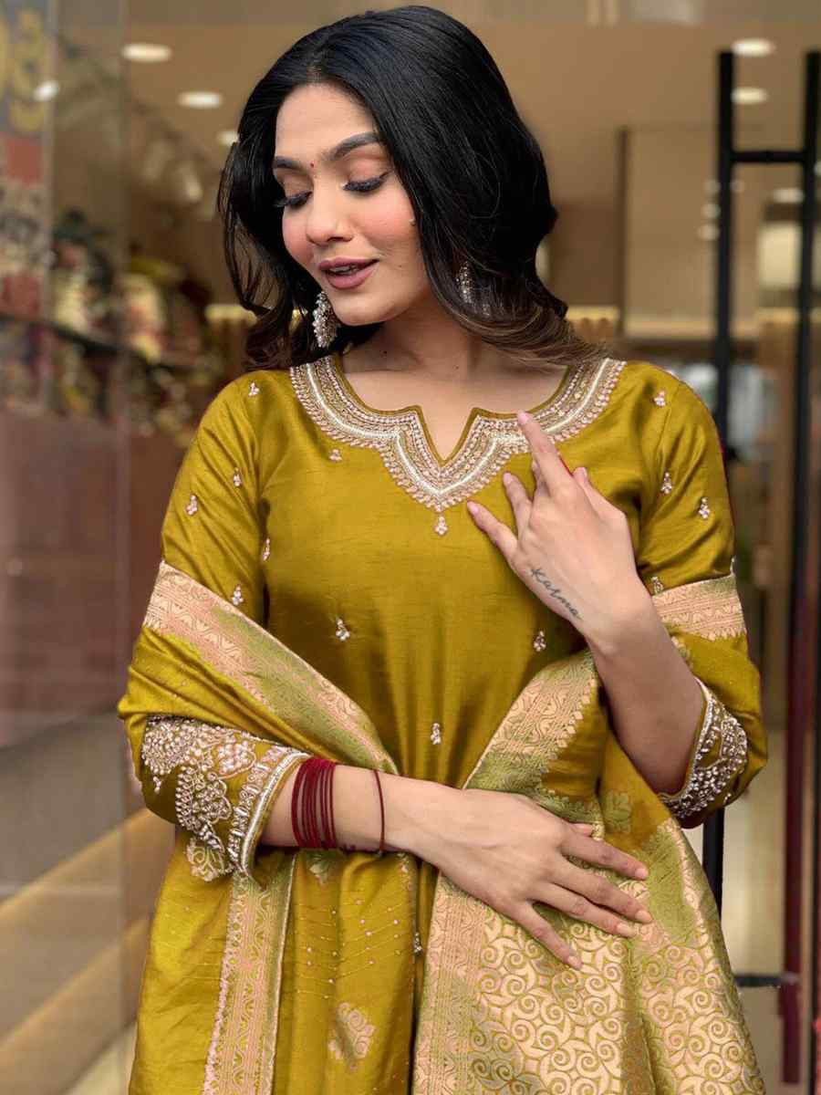 Golden Yellow Roman Silk Embroidered Festival Casual Ready Pant Salwar Kameez