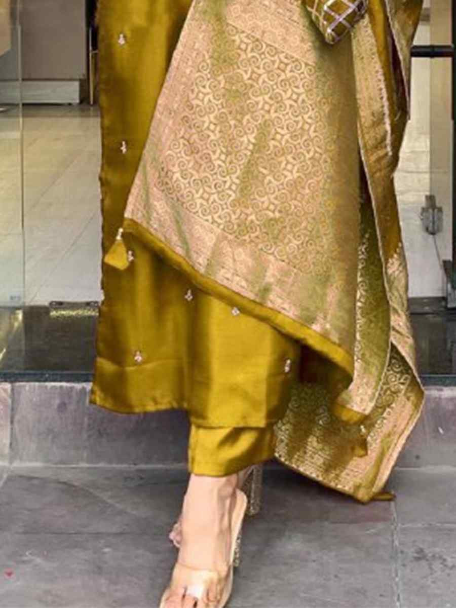 Golden Yellow Roman Silk Embroidered Festival Casual Ready Pant Salwar Kameez