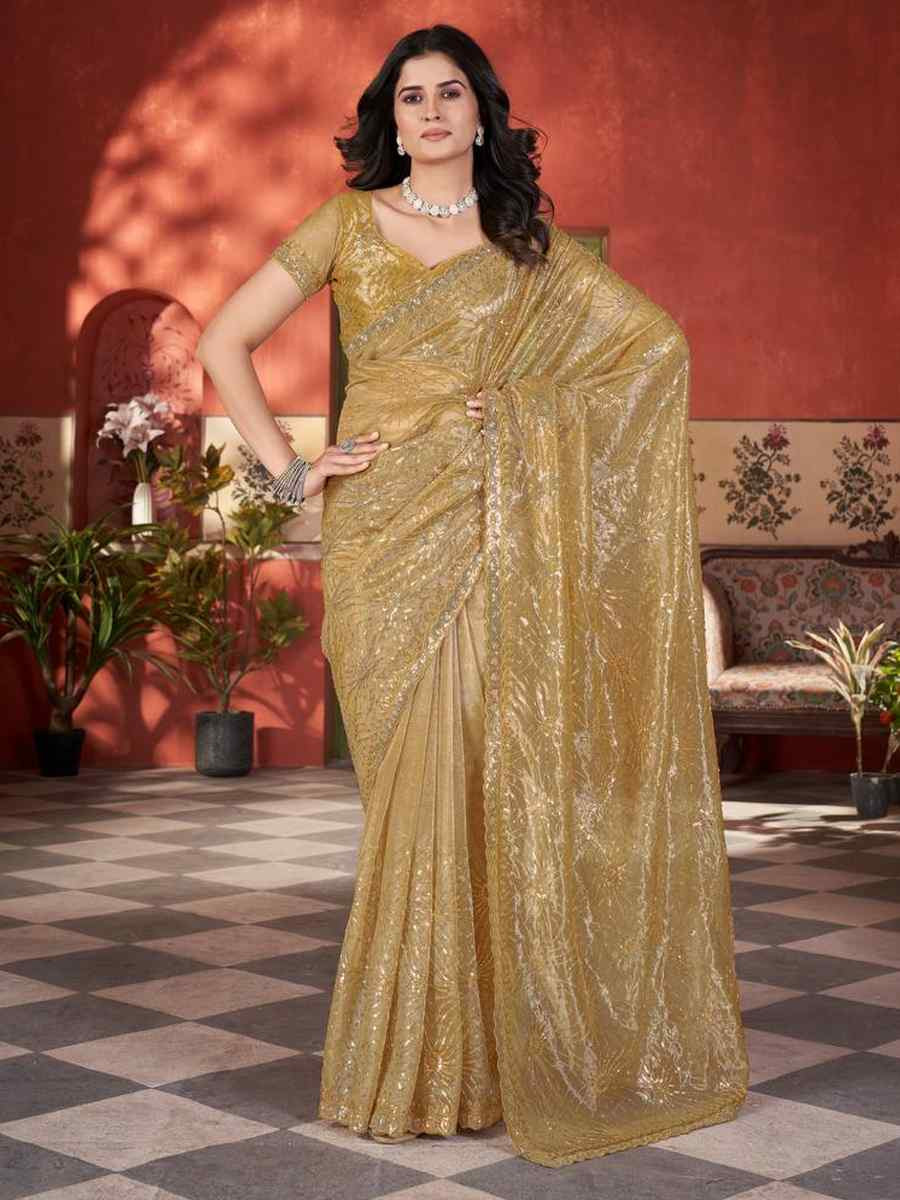 Golden Yellow Twill Net Embroidered Festival Wedding Fancy Heavy Border Saree