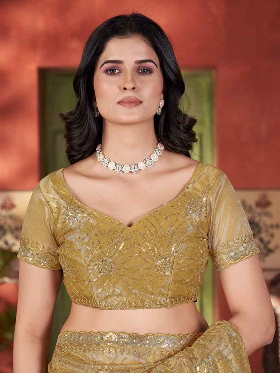 Golden Yellow Twill Net Embroidered Festival Wedding Fancy Heavy Border Saree