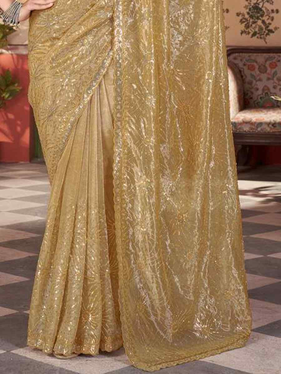 Golden Yellow Twill Net Embroidered Festival Wedding Fancy Heavy Border Saree