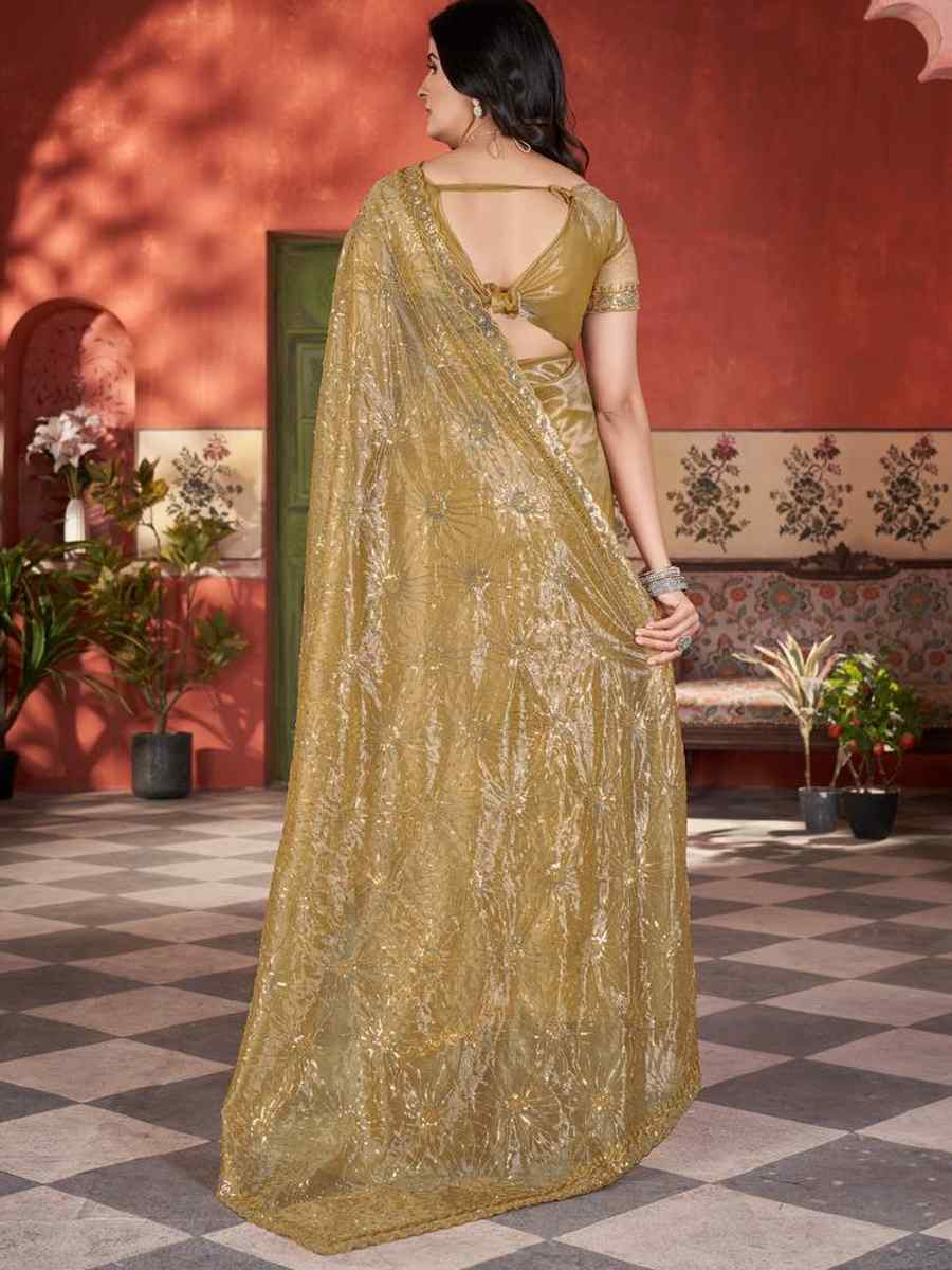 Golden Yellow Twill Net Embroidered Festival Wedding Fancy Heavy Border Saree