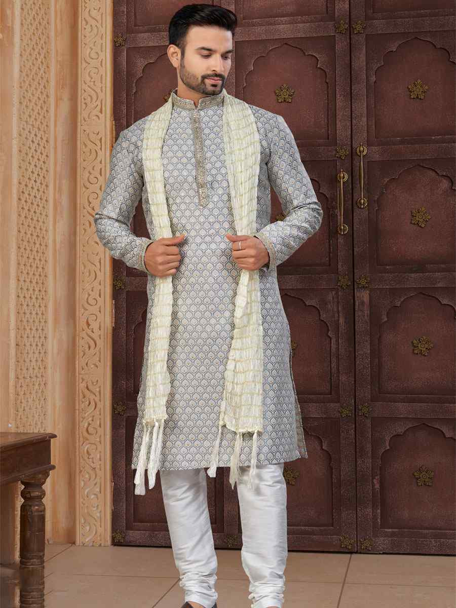 Gray Banarasi Jackard Embroidery Festival Wedding Party Mens Kurta