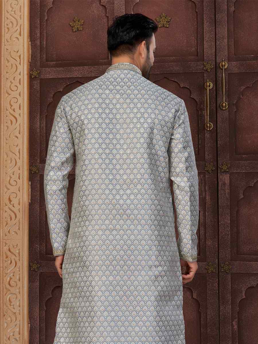 Gray Banarasi Jackard Embroidery Festival Wedding Party Mens Kurta