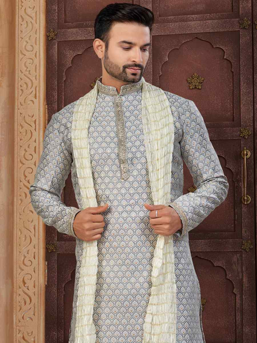 Gray  Banarasi Jackard Embroidery Festival Wedding Party Mens Kurta