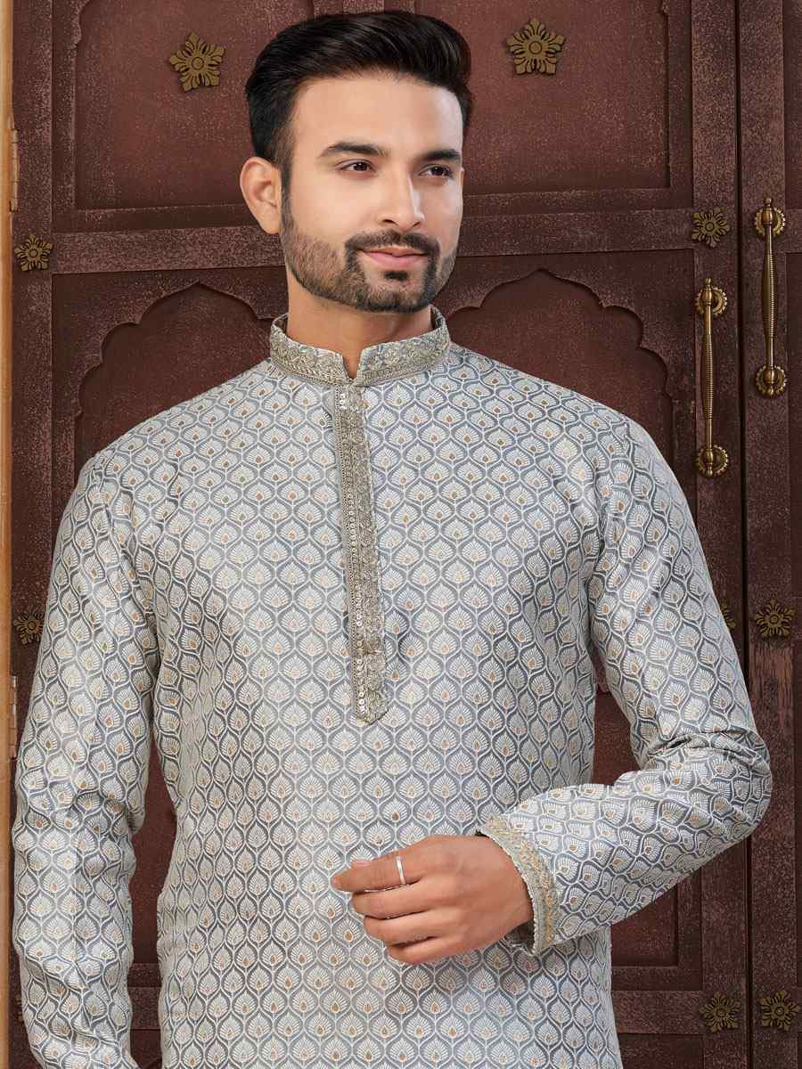 Gray Banarasi Jackard Embroidery Festival Wedding Party Mens Kurta