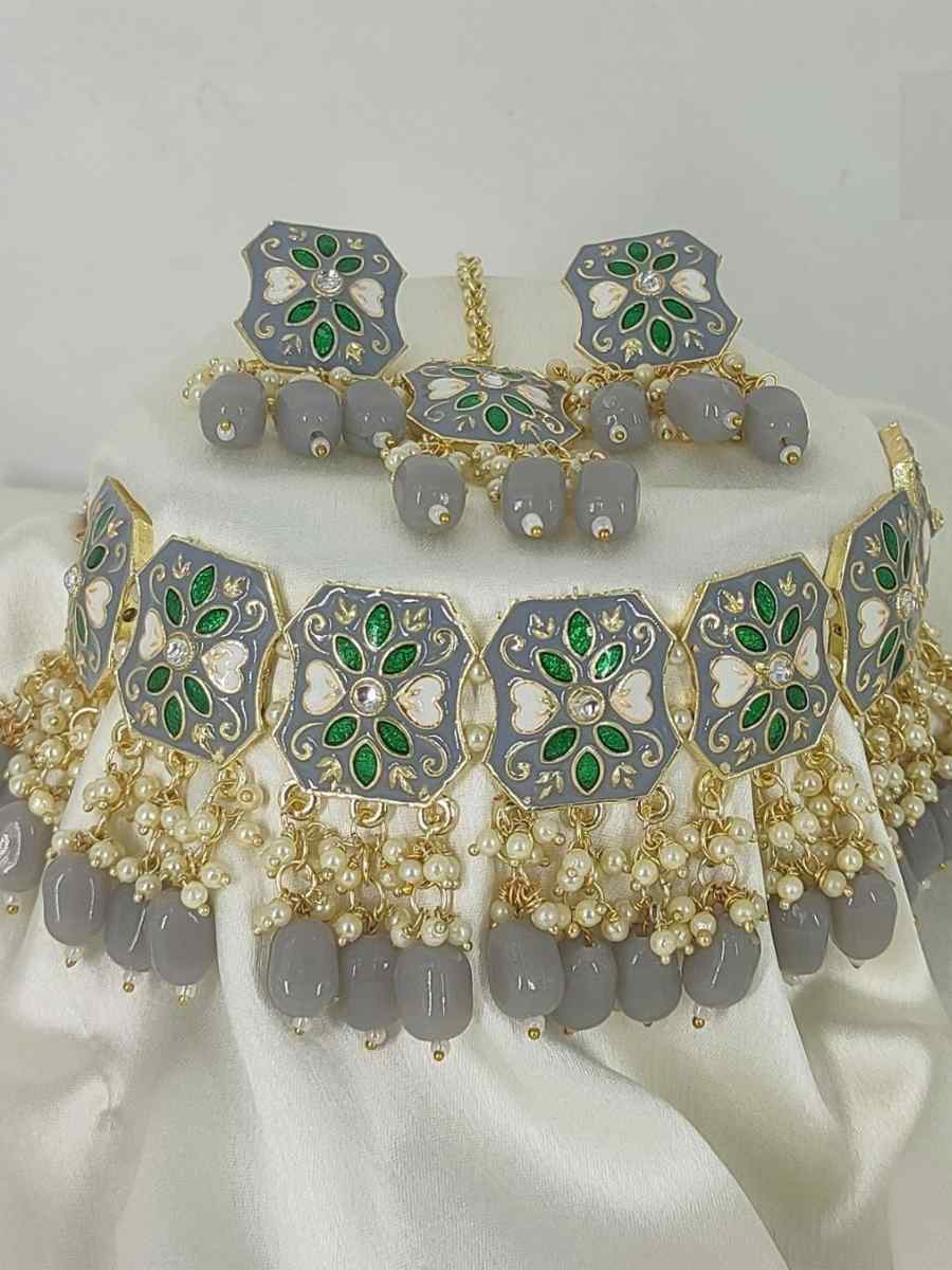 Gray Alloy Traditional Wear Meenakari Necklace