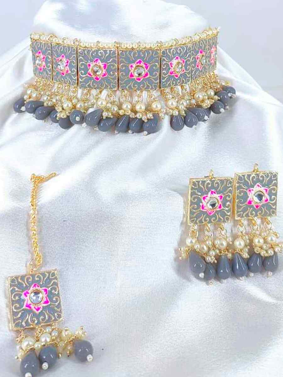Gray Alloy Traditional Wear Meenakari Necklace