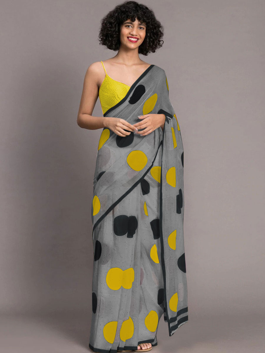 Gray and Yellow Chenderi and Linen Casual Printed Saree