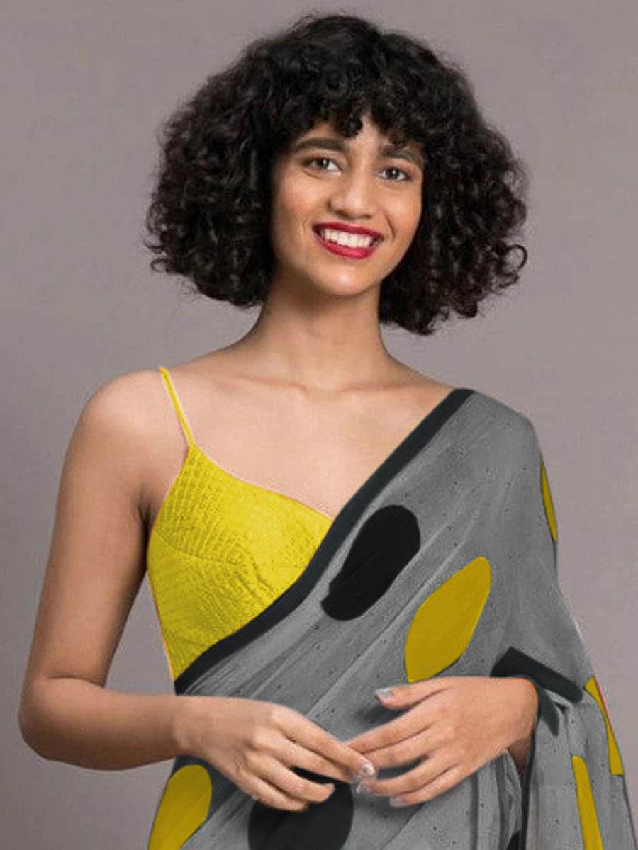 Gray and Yellow Chenderi and Linen Casual Printed Saree