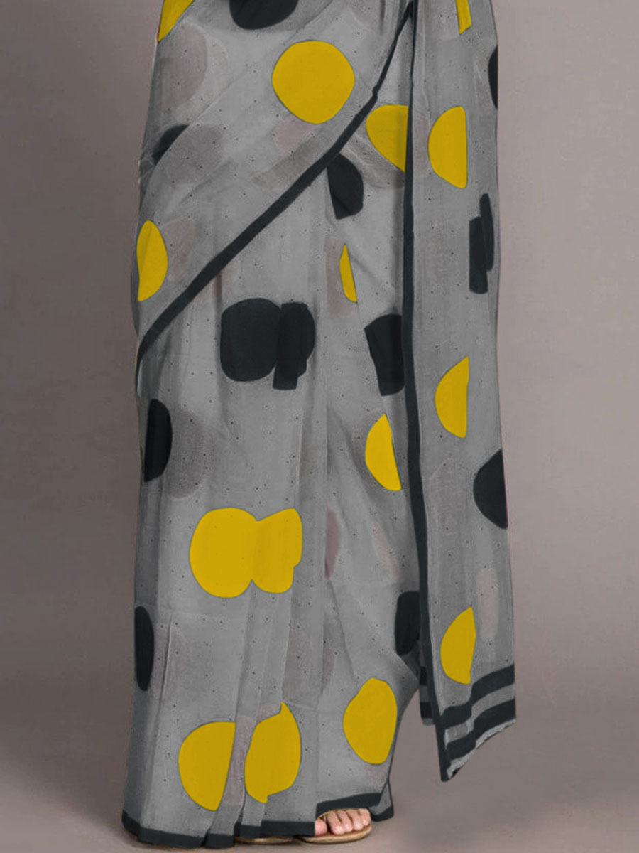 Gray and Yellow Chenderi and Linen Casual Printed Saree