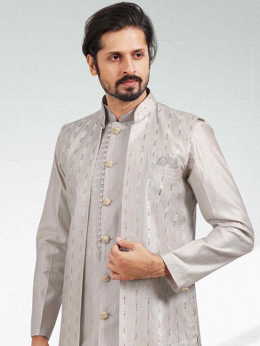 Gray Art Banarasi Silk Woven Festival Party Kurta