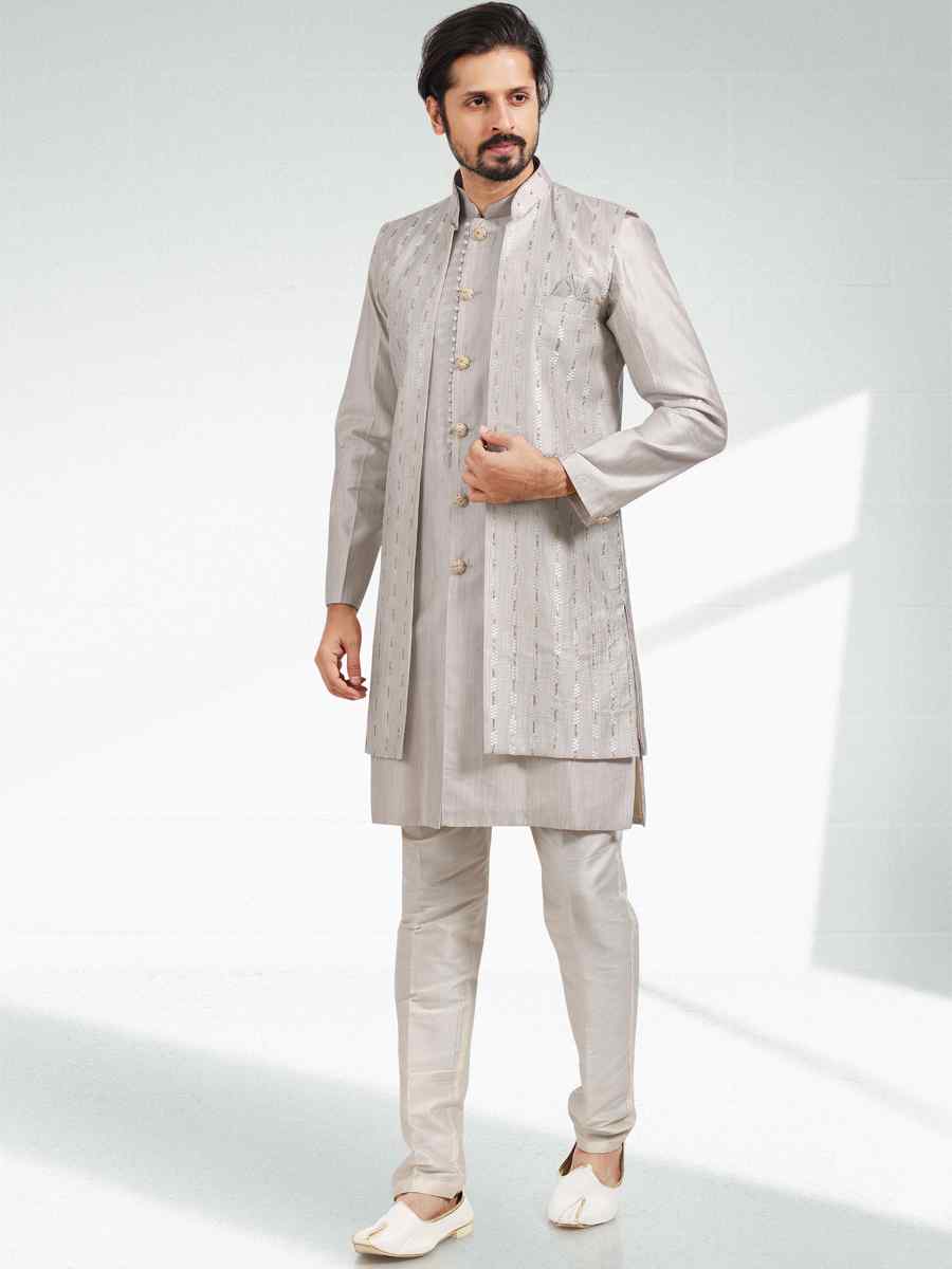 Gray Art Banarasi Silk Woven Festival Party Kurta