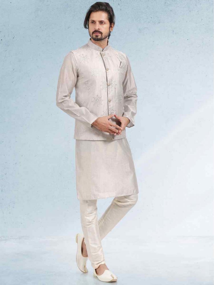 Gray Art Banarasi Silk Woven Festival Party Kurta