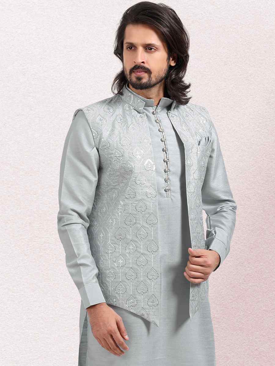 Gray Art Banarasi Silk Woven Festival Wedding Kurta