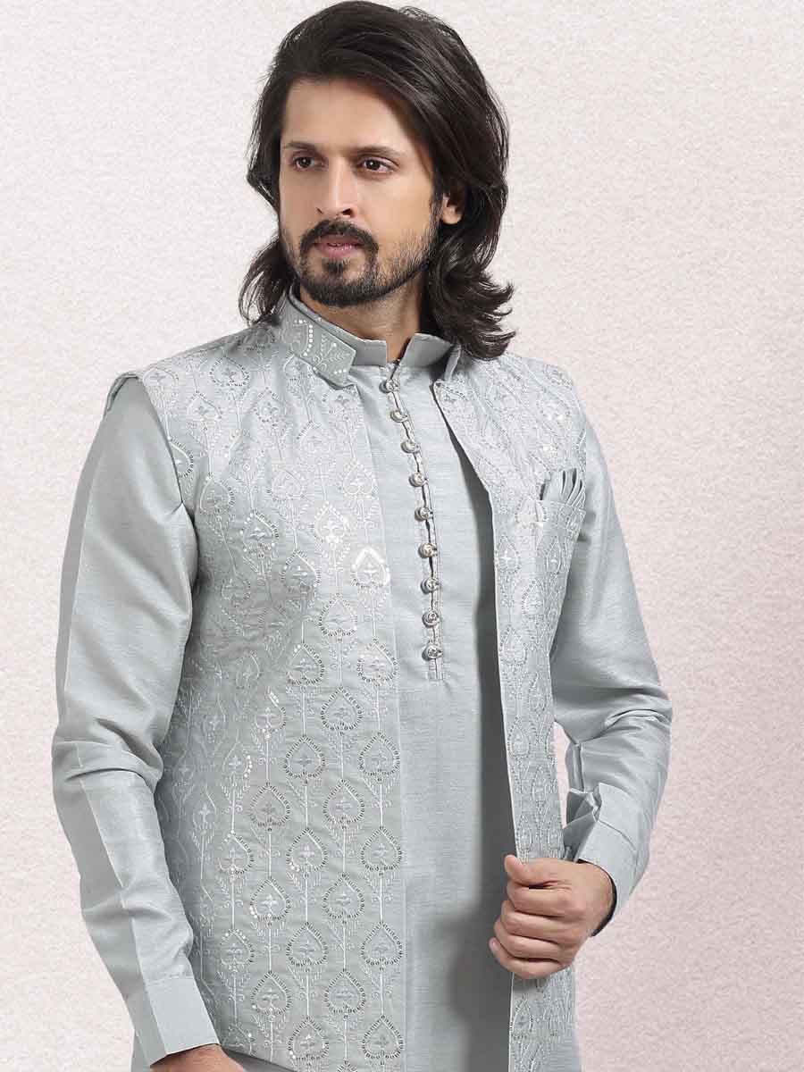 Gray Art Banarasi Silk Woven Festival Wedding Kurta