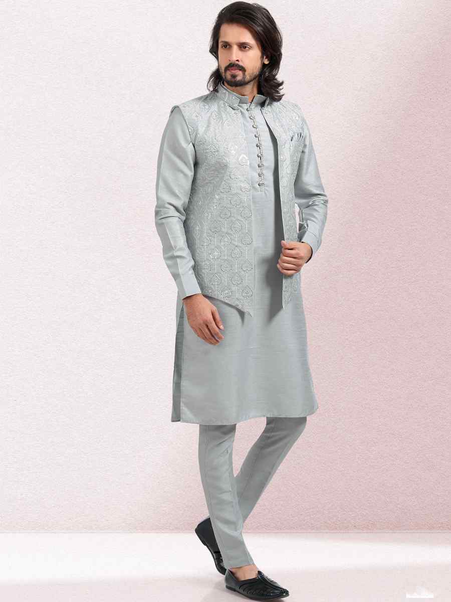 Gray Art Banarasi Silk Woven Festival Wedding Kurta