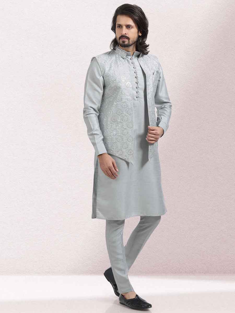 Gray Art Banarasi Silk Woven Festival Wedding Kurta