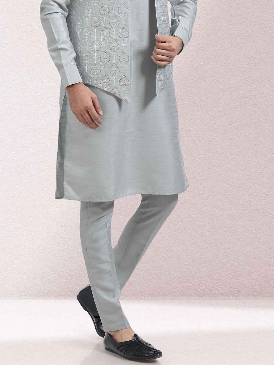Gray Art Banarasi Silk Woven Festival Wedding Kurta