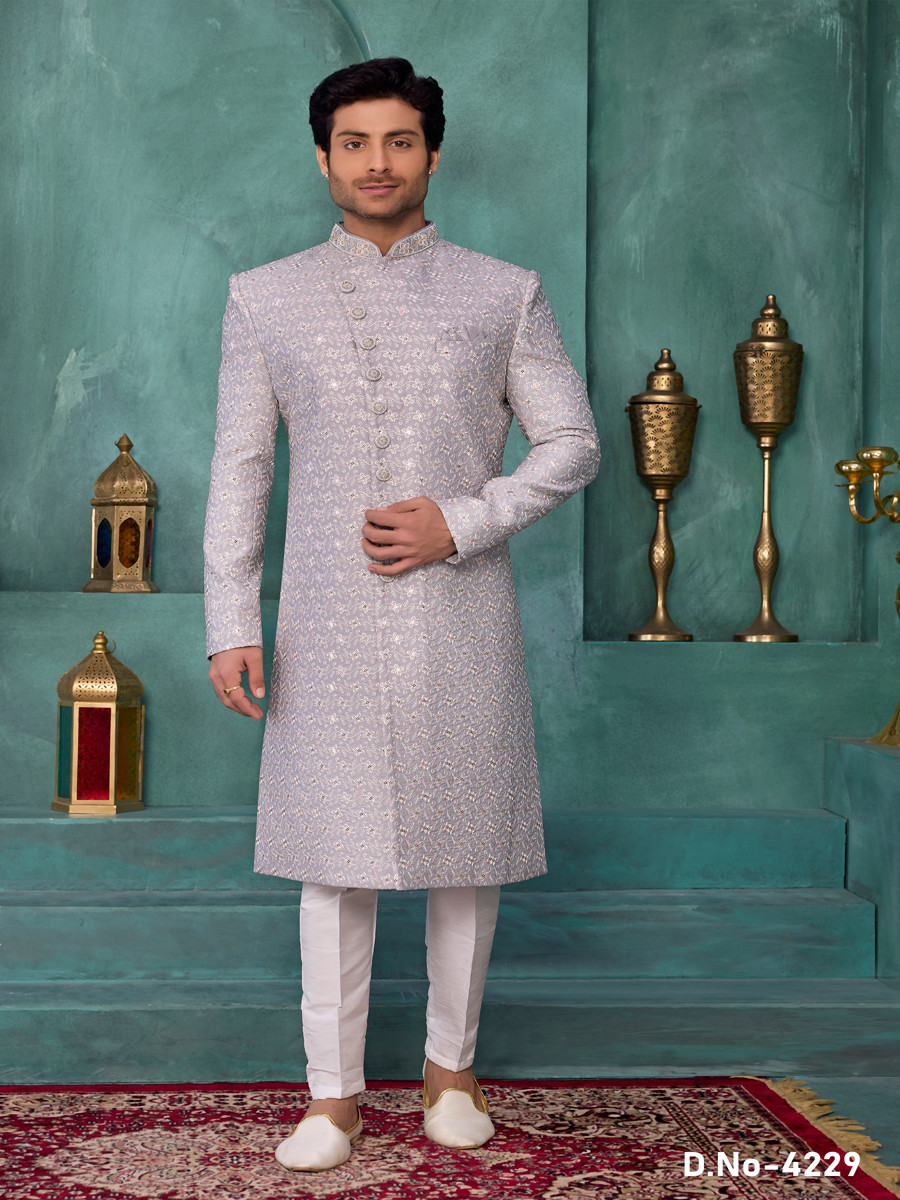 Gray Art silk Embroidered Computer Thread work Wedding Party Festival Groom Sherwani