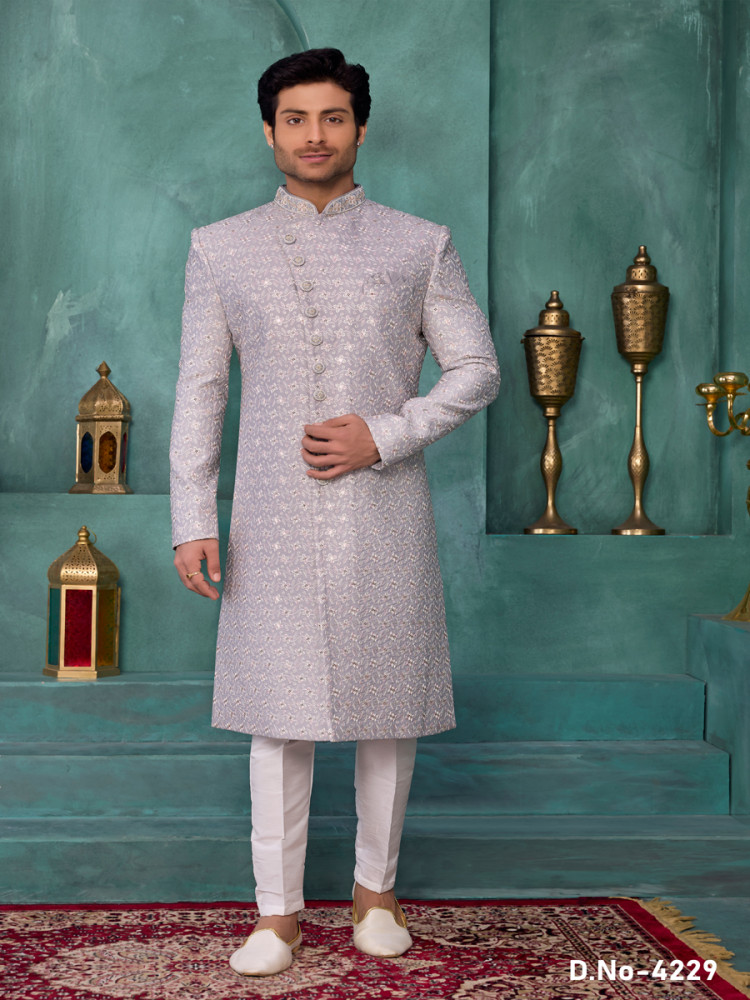 Image of Gray Art silk Embroidered Computer Thread work Wedding Party Festival Groom Sherwani