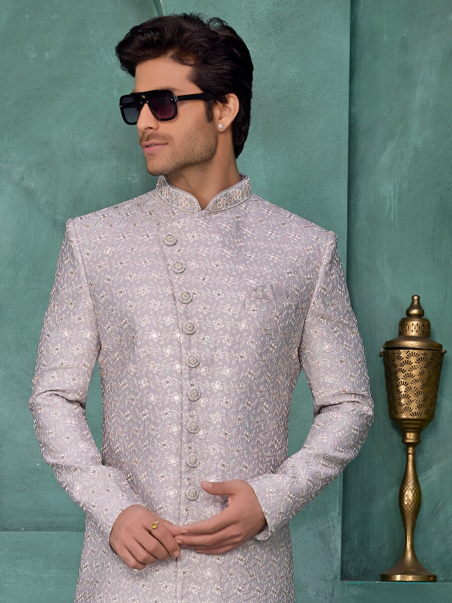 Gray Art silk Embroidered Computer Thread work Wedding Party Festival Groom Sherwani