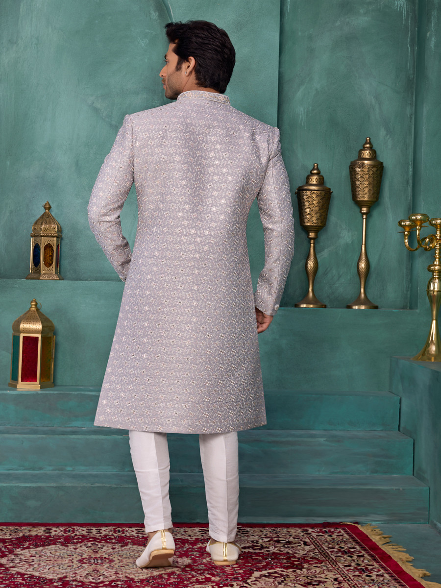 Gray Art silk Embroidered Computer Thread work Wedding Party Festival Groom Sherwani