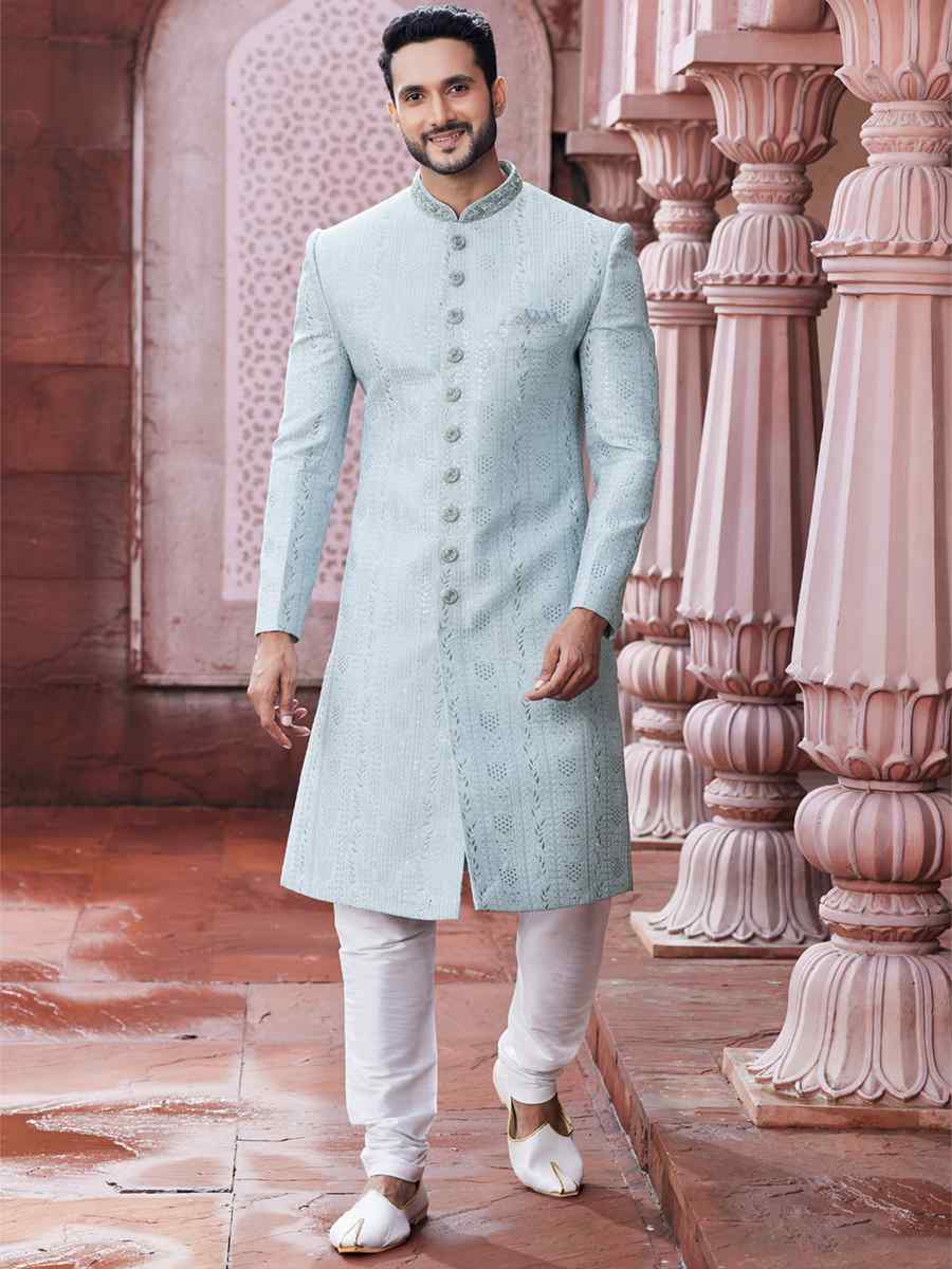 Gray Art Silk Embroidered Wedding Party Sherwani