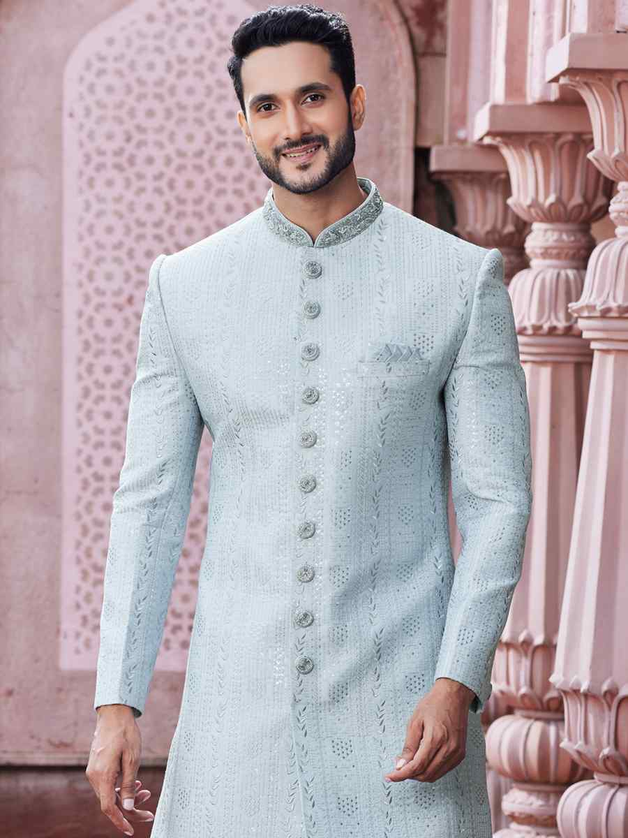 Gray Art Silk Embroidered Wedding Party Sherwani