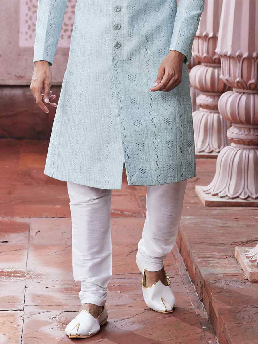 Gray Art Silk Embroidered Wedding Party Sherwani