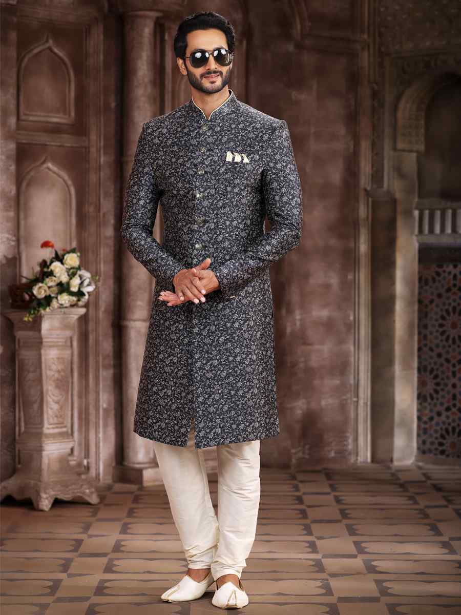 Gray Art Silk Woven Wedding Party Sherwani