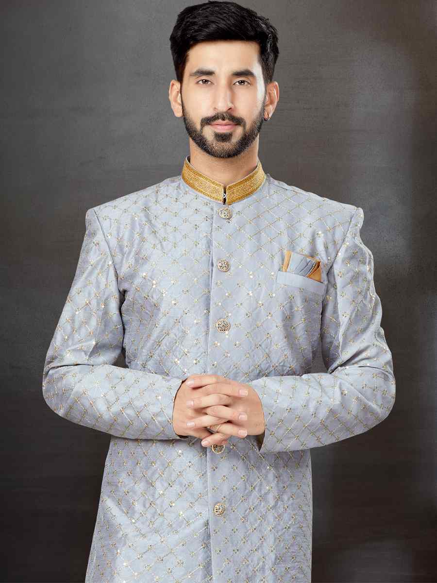 Gray Banarasi Jacquard Embroidered Festival Wedding Sherwani