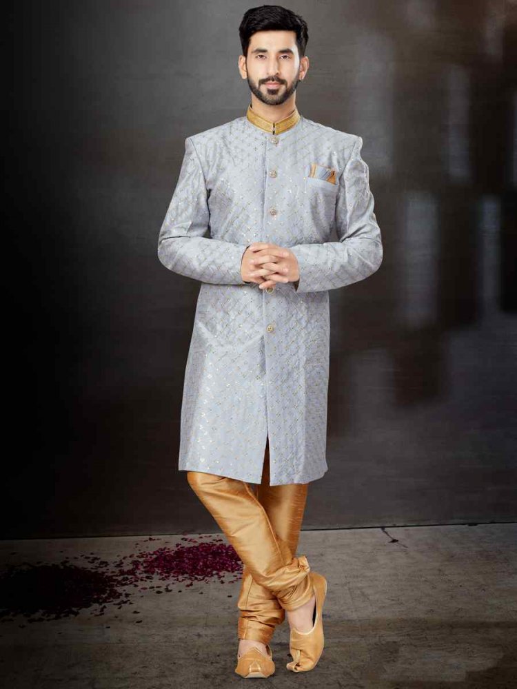 Gray Banarasi Jacquard Embroidered Festival Wedding Sherwani