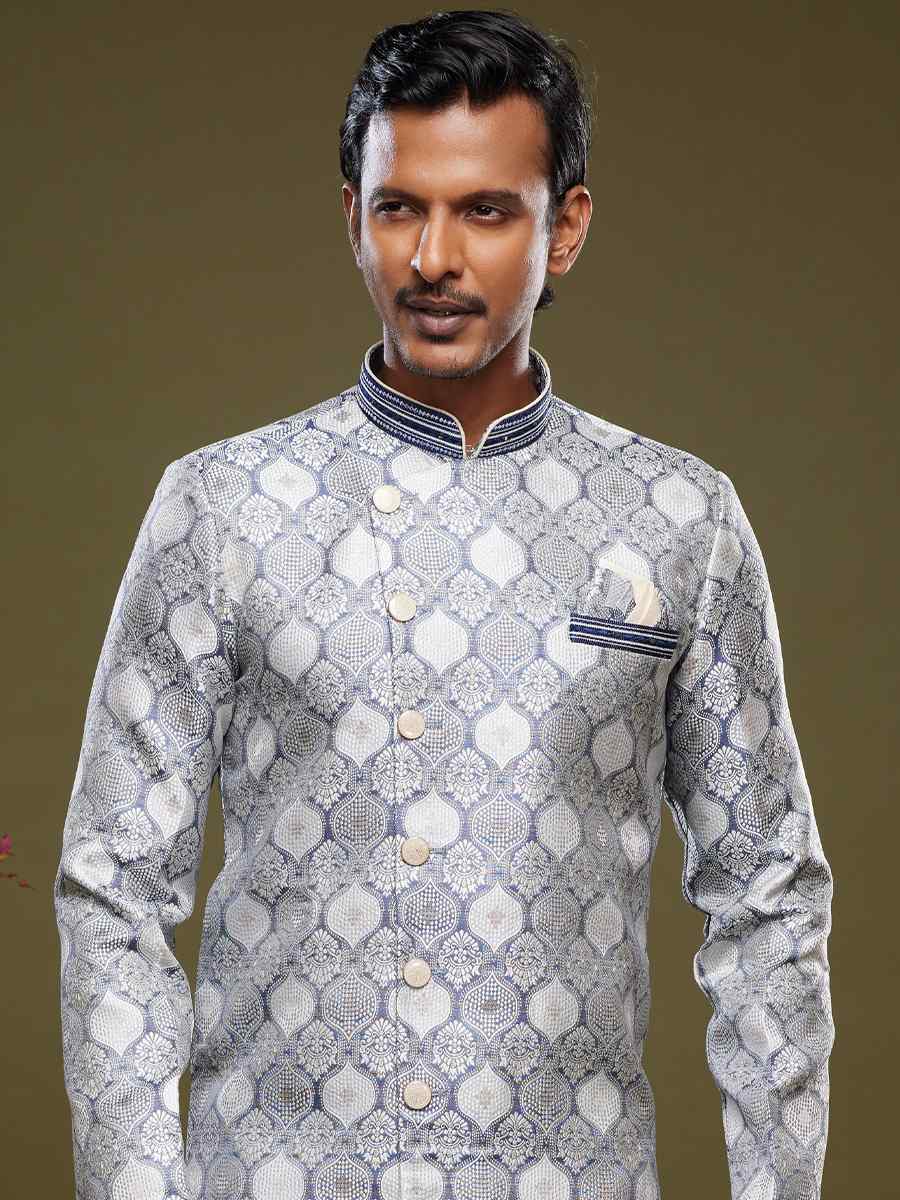 Gray Banarasi Jacquard Woven Wedding Party Sherwani