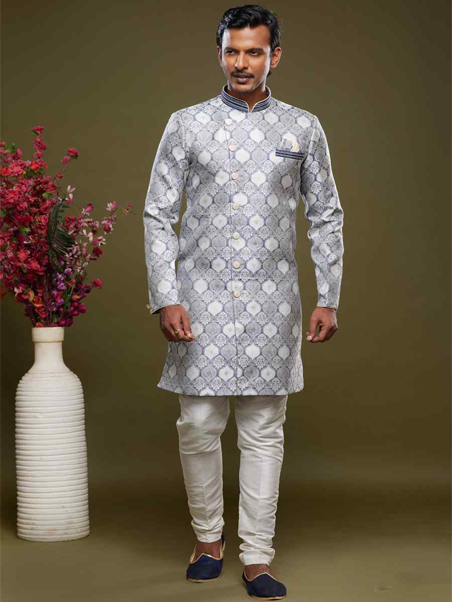 Gray Banarasi Jacquard Woven Wedding Party Sherwani