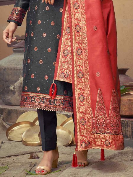 Gray Banarasi Silk Embroidered Festival Wedding Pant Salwar Kameez
