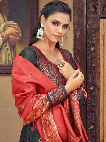 Gray Banarasi Silk Embroidered Festival Wedding Pant Salwar Kameez