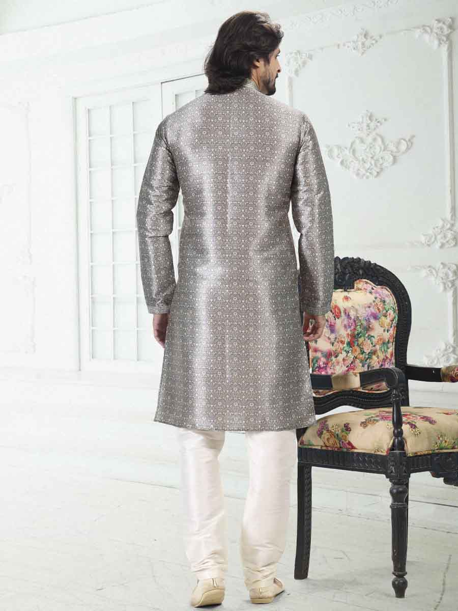 Gray Banarasi Silk Printed Festival Wedding Kurta