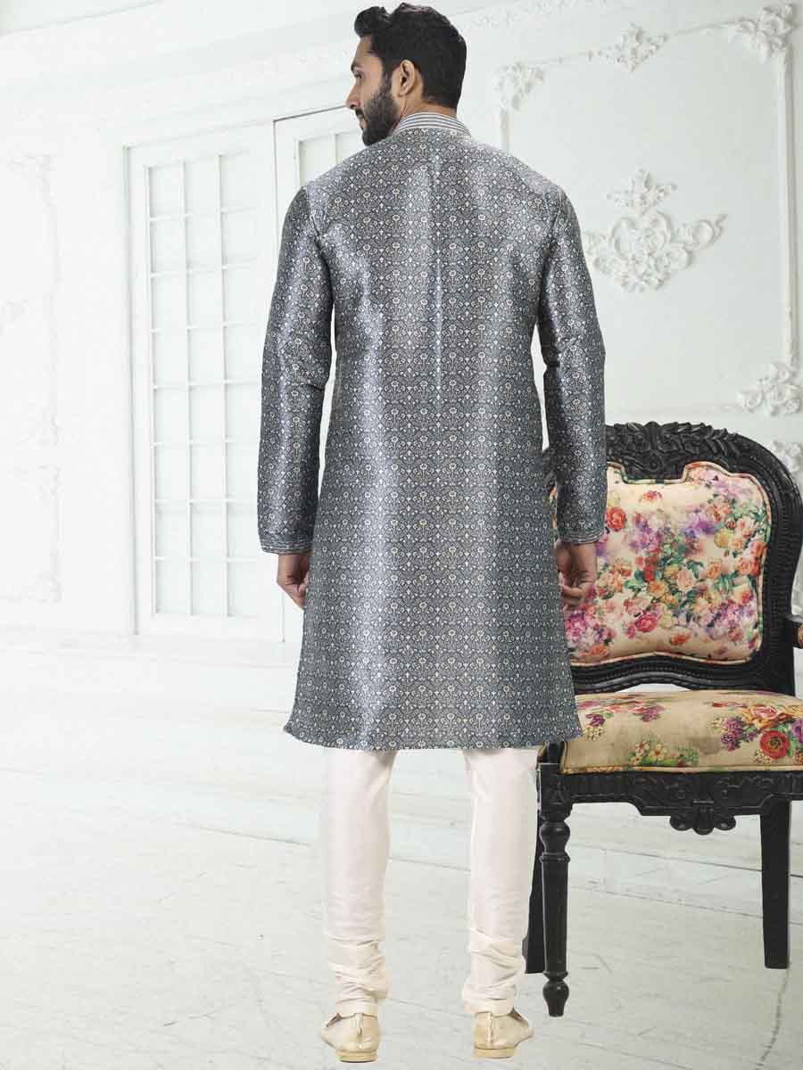 Gray Banarasi Silk Printed Festival Wedding Kurta