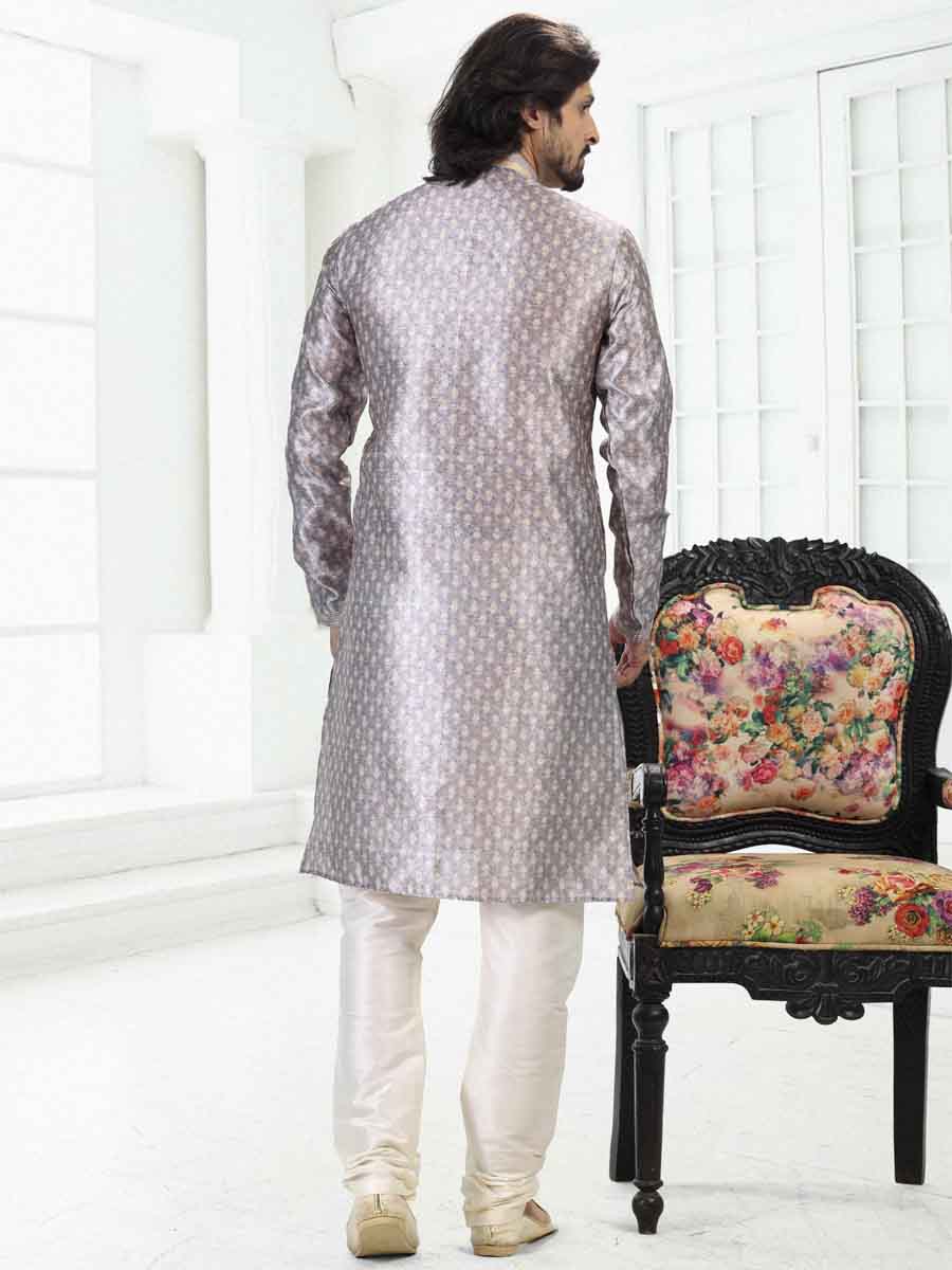Gray Banarasi Silk Printed Festival Wedding Kurta