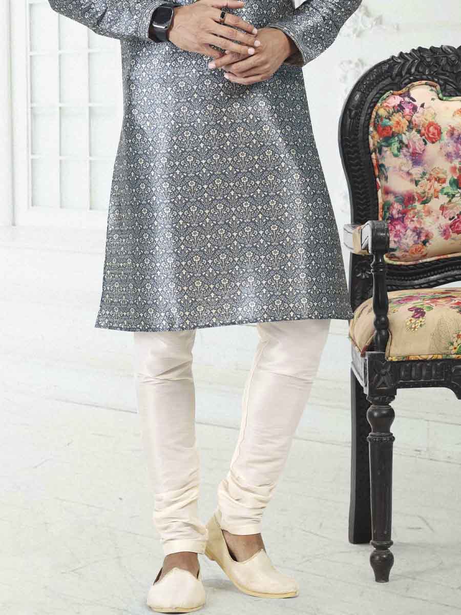 Gray Banarasi Silk Printed Festival Wedding Kurta