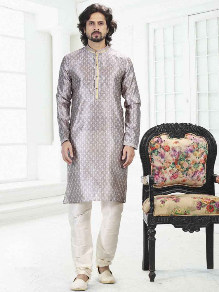 Gray Banarasi Silk Printed Festival Wedding Kurta