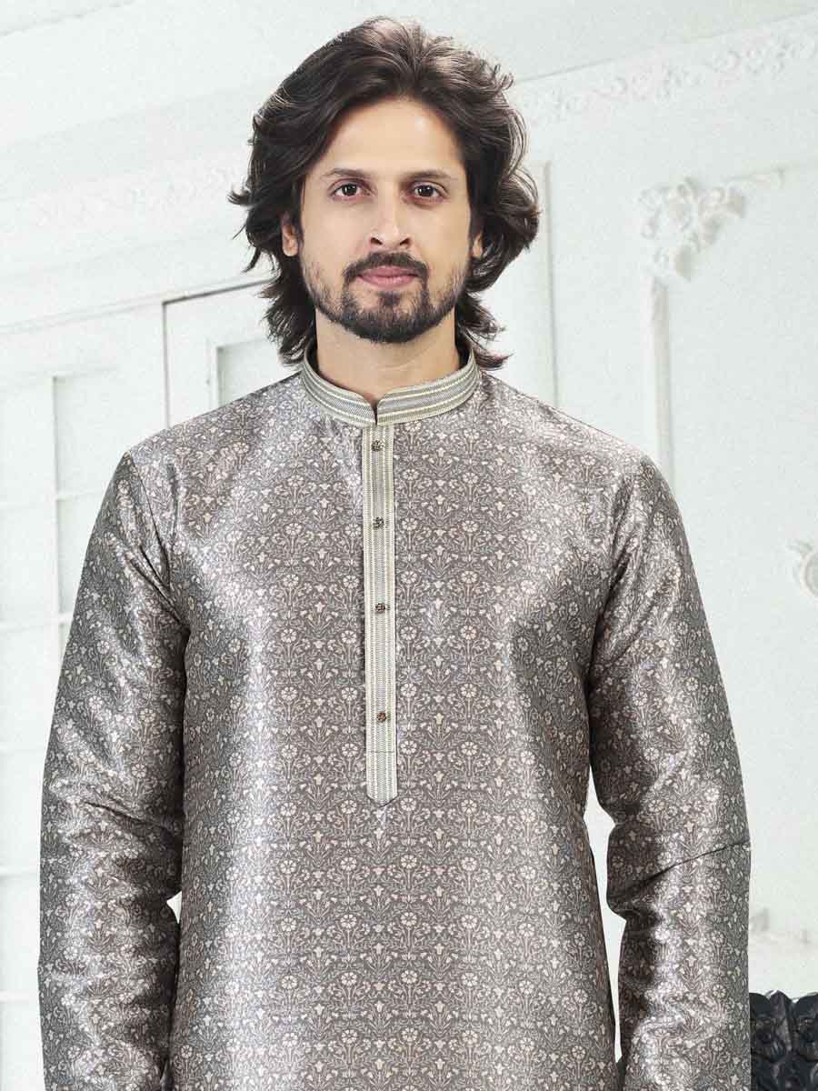 Gray Banarasi Silk Printed Festival Wedding Kurta