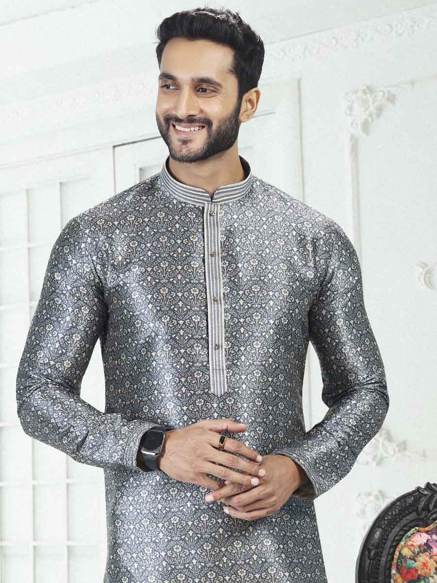 Gray Banarasi Silk Printed Festival Wedding Kurta