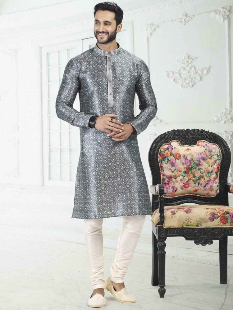 Gray Banarasi Silk Printed Festival Wedding Kurta