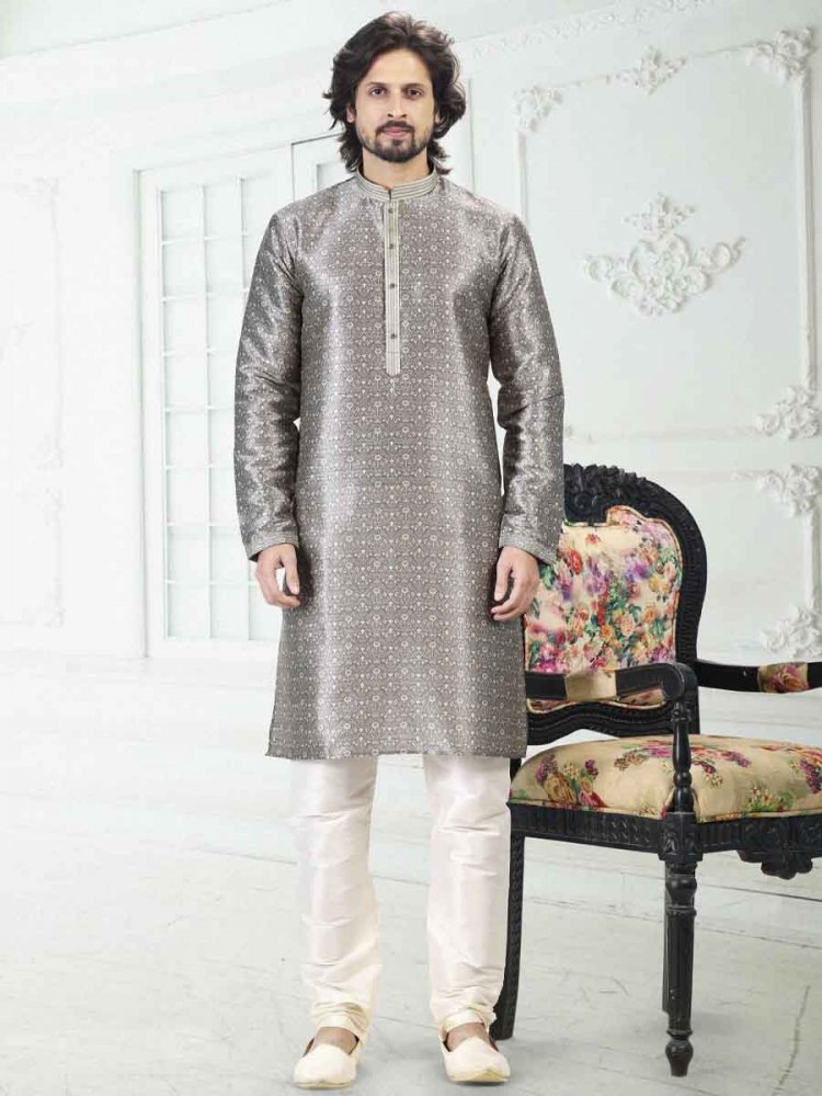 Gray Banarasi Silk Printed Festival Wedding Kurta